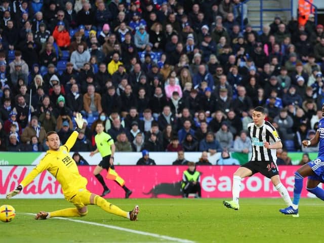 Miguel Almiron of Newcastle United scores the team's second goal past Danny Ward of Leicester City during the Premier League match between Leicester City and Newcastle United at The King Power Stadium on December 26, 2022 in Leicester, England. (Photo by Marc Atkins/Getty Images)