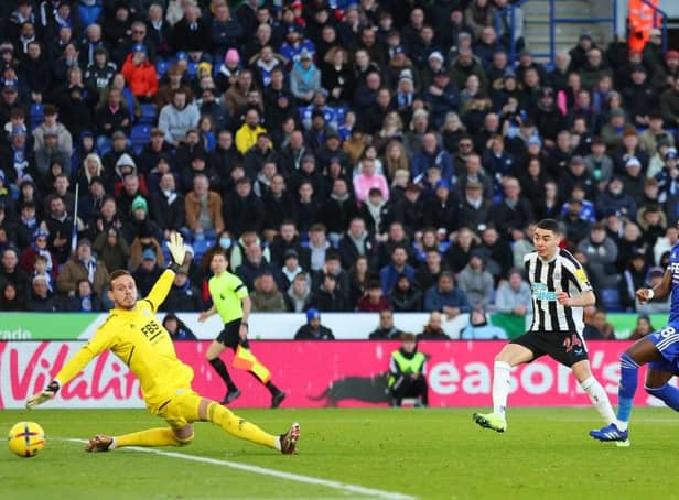 Miguel Almiron of Newcastle United scores the team's second goal past Danny Ward of Leicester City during the Premier League match between Leicester City and Newcastle United at The King Power Stadium on December 26, 2022 in Leicester, England. (Photo by Marc Atkins/Getty Images)