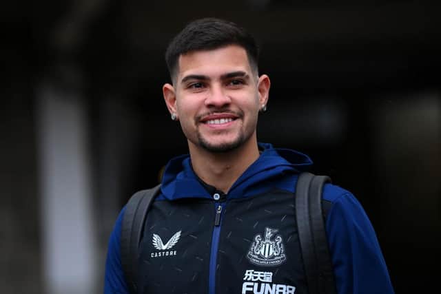 Bruno Guimaraes of Newcastle United arrives at the stadium prior to the Premier League match between Newcastle United and Aston Villa at St. James Park on February 13, 2022 in Newcastle upon Tyne, England. (Photo by Stu Forster/Getty Images)
