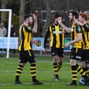 Hebburn celebrate a goal against Vauxhall Motors. Photo: Kevin Wilson