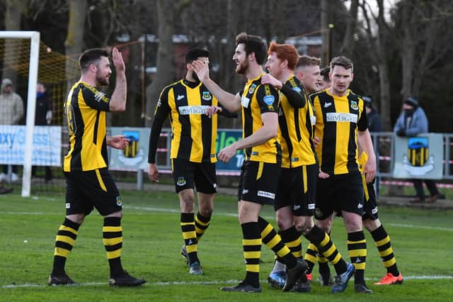 Hebburn celebrate a goal against Vauxhall Motors. Photo: Kevin Wilson