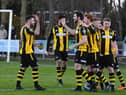 Hebburn celebrate a goal against Vauxhall Motors. Photo: Kevin Wilson