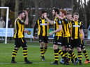 Hebburn celebrate a goal against Vauxhall Motors. Photo: Kevin Wilson