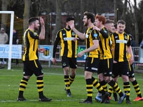 Hebburn celebrate a goal against Vauxhall Motors. Photo: Kevin Wilson