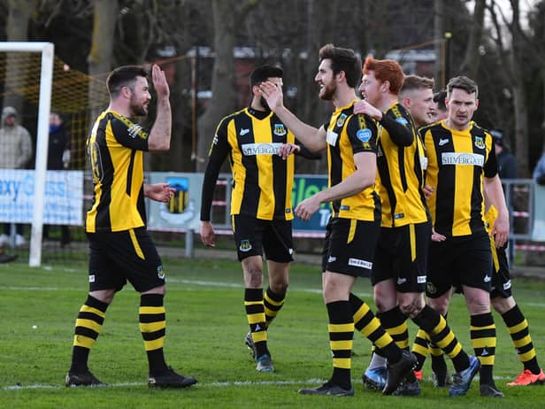 Hebburn celebrate a goal against Vauxhall Motors. Photo: Kevin Wilson