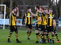 Hebburn celebrate a goal against Vauxhall Motors. Photo: Kevin Wilson
