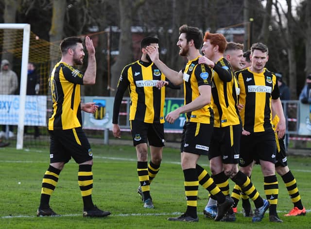 Hebburn celebrate a goal against Vauxhall Motors. Photo: Kevin Wilson