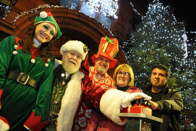 Jarrow's Christmas Lights switch on with the Mayoress Mrs Jean Copp and Local Hero Taz Ali, joined by Santa and his Elf.