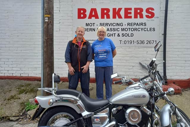 Dave Watson of Barkers Motorcycles and Marian Dent of Motor Neurone Disease Association