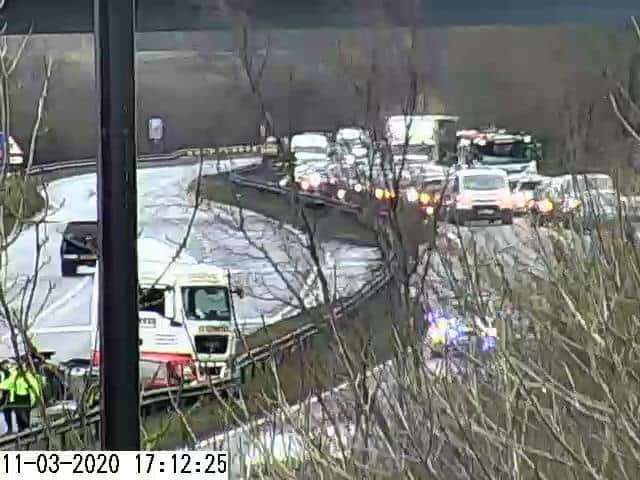 A truck has collided with the central reservation. Picture by North East Traffic Live.