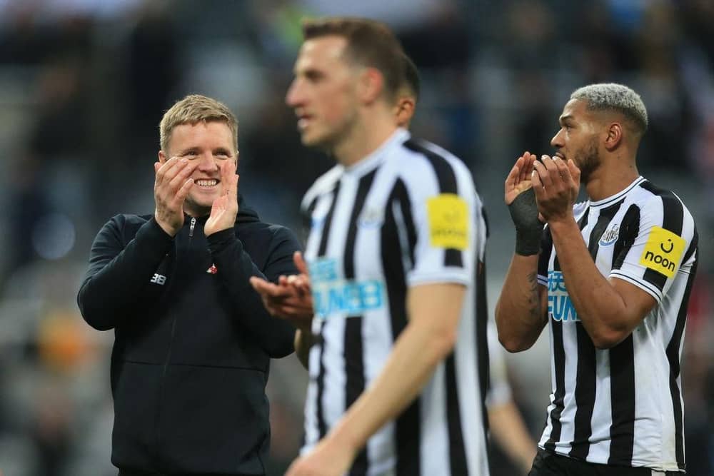 Newcastle United head coach Eddie Howe applauds fans after the Aston Villa win on Saturday.