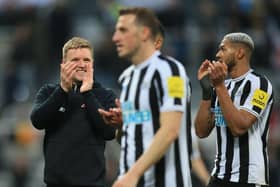 Newcastle United head coach Eddie Howe applauds fans after the Aston Villa win on Saturday.