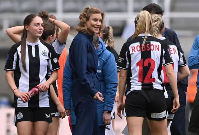 Newcastle United Co-owner Amanda Staveley on the pitch after the FA Women's National League Division One North match against Alnwick Town Ladies at St James' Park on May 01, 2022 in Newcastle upon Tyne, England. (Photo by Stu Forster/Getty Images)