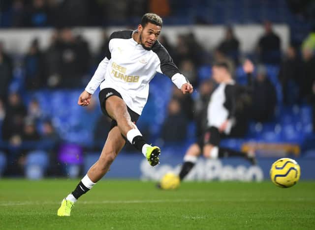 LIVERPOOL, ENGLAND - JANUARY 21: Joelinton of Newcastle United warms up prior to the Premier League match between Everton FC and Newcastle United at Goodison Park on January 21, 2020 in Liverpool, United Kingdom. (Photo by Gareth Copley/Getty Images)