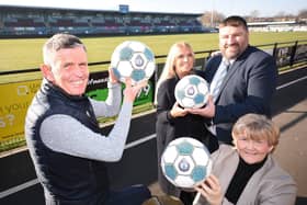 L-R Carl Mowett, Operations Director of South Shields Football Club, Mandy Morris, Principal of Tyne Coast College,Simon Ashton, Principal of South Shields Marine School and Cllr Tracey Dixon, leader of South Tynside Council celebrate the launch of the 2023 Best Of South Tynside Awards at South Shields Football Club.