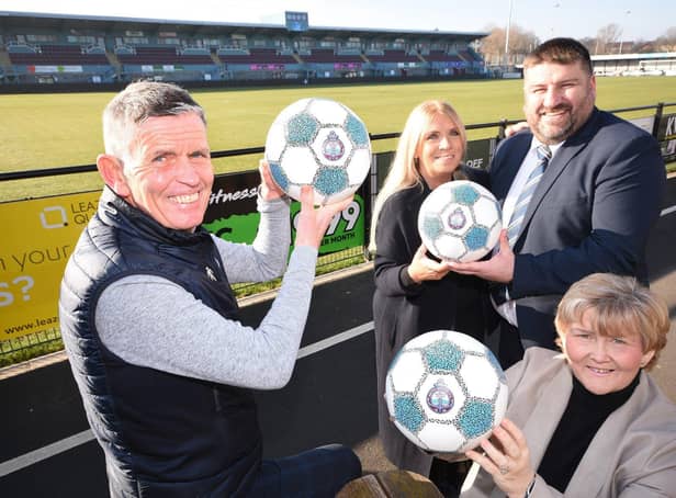 L-R Carl Mowett, Operations Director of South Shields Football Club, Mandy Morris, Principal of Tyne Coast College,Simon Ashton, Principal of South Shields Marine School and Cllr Tracey Dixon, leader of South Tynside Council celebrate the launch of the 2023 Best Of South Tynside Awards at South Shields Football Club.