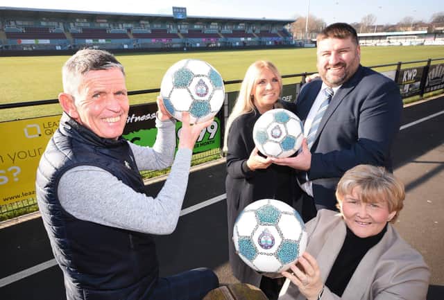 L-R Carl Mowett, Operations Director of South Shields Football Club, Mandy Morris, Principal of Tyne Coast College,Simon Ashton, Principal of South Shields Marine School and Cllr Tracey Dixon, leader of South Tynside Council celebrate the launch of the 2023 Best Of South Tynside Awards at South Shields Football Club.
