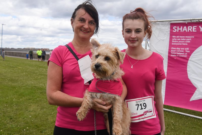 Hartlepool Race for Life in 2016 showing Rose Livingston, daughter Abbie Hornby and their pet Archie.