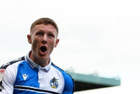 Elliot Anderson of Bristol Rovers celebrates their sides seventh goal during the Sky Bet League Two match between Bristol Rovers and Scunthorpe United at Memorial Stadium on May 07, 2022 in Bristol, England. (Photo by Harry Trump/Getty Images)