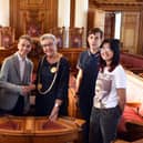 Laura Bush and Holly O’Neil from Youth Focus North East, with South Tyneside’s Member of the Youth Parliament, Luke Hall, Mayor Councillor Pat Hay, and Elliot Connell and Rumpai McDonald.