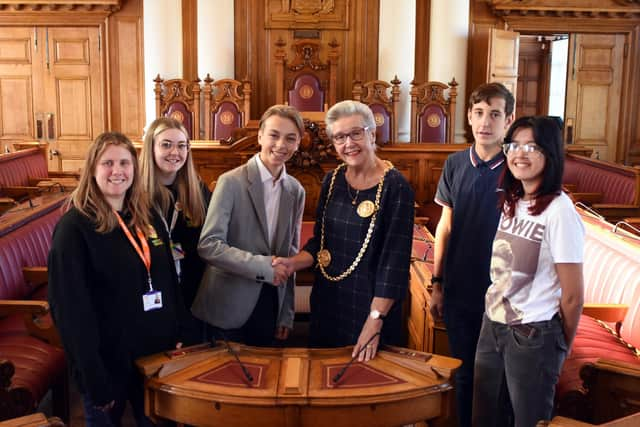 Laura Bush and Holly O’Neil from Youth Focus North East, with South Tyneside’s Member of the Youth Parliament, Luke Hall, Mayor Councillor Pat Hay, and Elliot Connell and Rumpai McDonald.