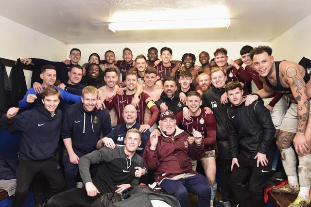 South Shields players, staff and fans celebrating promotion (Photo credit: Kev Wilson)