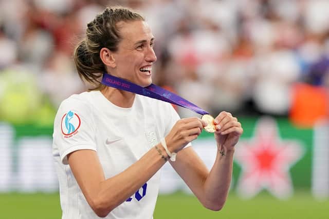 England's Jill Scott celebrates with her medal after England win the UEFA Women's Euro 2022 final. Picture: PA.
