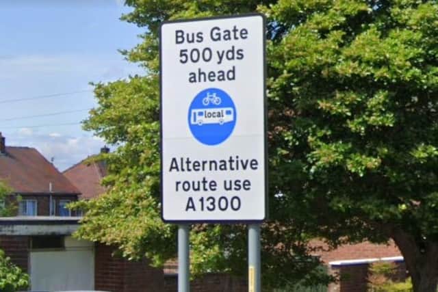South Tyneside Council say: "The Edinburgh Road bus gate is clearly signed and complies with the requisite Department for Transport regulations." Google maps.