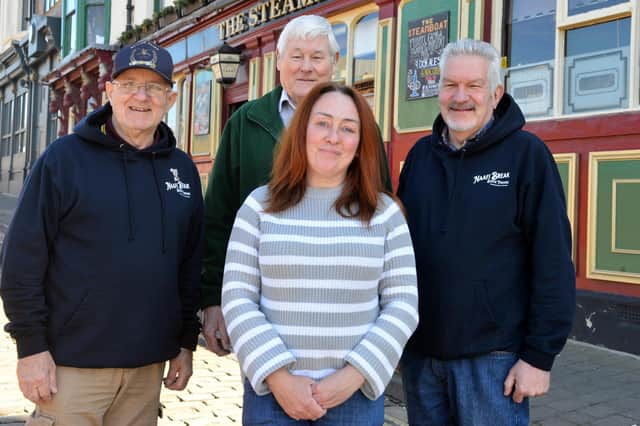 Steamboat landlady Kath Brain with Joe Mills, Jim Jorden and Barry Harrison.