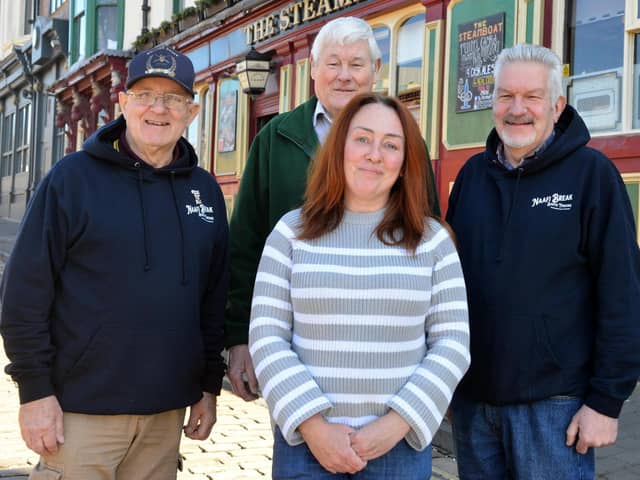 Steamboat landlady Kath Brain with Joe Mills, Jim Jorden and Barry Harrison.