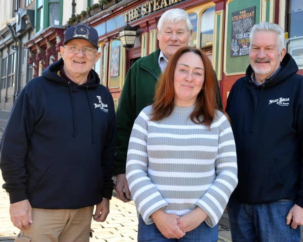 Steamboat landlady Kath Brain with Joe Mills, Jim Jorden and Barry Harrison.