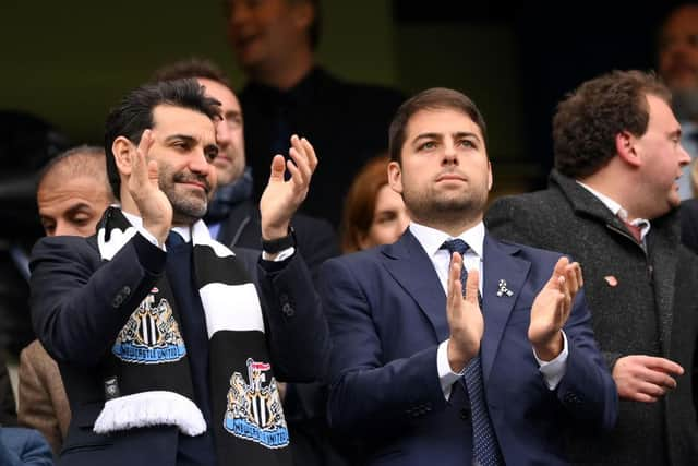 Newcastle United co-owners Mehrdad Ghodoussi and Jamie Reuben at Stamford Bridge.