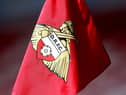 A detailed view of a Doncaster Rovers corner flag during the Sky Bet League One match between Doncaster Rovers and Peterborough United at Keepmoat Stadium on May 09, 2021 in Doncaster, England.