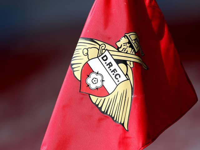 A detailed view of a Doncaster Rovers corner flag during the Sky Bet League One match between Doncaster Rovers and Peterborough United at Keepmoat Stadium on May 09, 2021 in Doncaster, England.