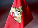 A detailed view of a Doncaster Rovers corner flag during the Sky Bet League One match between Doncaster Rovers and Peterborough United at Keepmoat Stadium on May 09, 2021 in Doncaster, England.