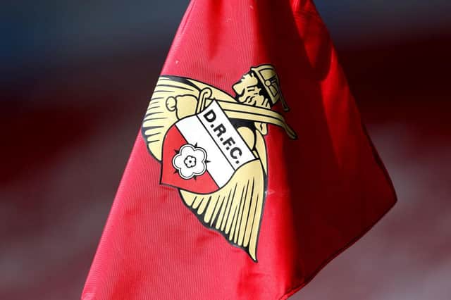 A detailed view of a Doncaster Rovers corner flag during the Sky Bet League One match between Doncaster Rovers and Peterborough United at Keepmoat Stadium on May 09, 2021 in Doncaster, England.
