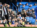 Newcastle United's Swiss defender Fabian Schar (L) points to his elbow as Newcastle United's English defender Dan Burn (C) lays on the pitch after clshing with Chelsea's German midfielder Kai Havertz (R) during the English Premier League football match between Chelsea and Newcastle United at Stamford Bridge in London on March 13, 2022. (Photo by JUSTIN TALLIS/AFP via Getty Images)