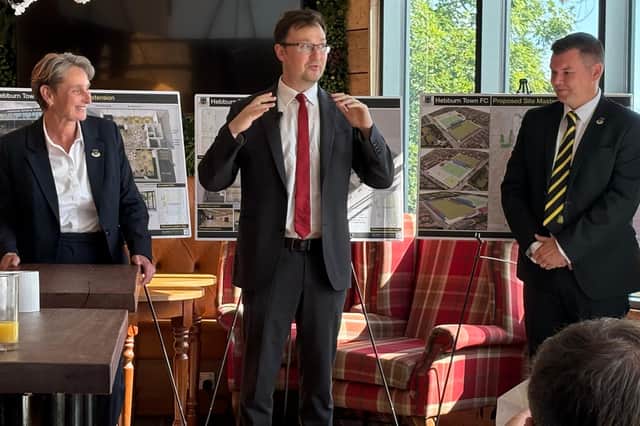 Kate Osborne, left, with Alex Norris, Minister for Local Growth, centre, and Stephen Rutherford, Chief Executive of Hebburn Town FC, as the announcement of major funding was made earlier this week.