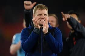 Eddie Howe, Head Coach of Newcastle United, applauds the fans after the Premier League match between Southampton and Newcastle United at St Mary's Stadium on March 10, 2022 in Southampton, England.  (Photo by Mike Hewitt/Getty Images)