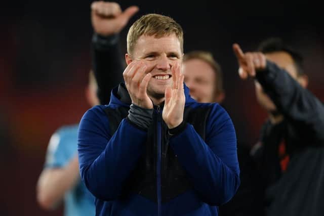 Eddie Howe, Head Coach of Newcastle United, applauds the fans after the Premier League match between Southampton and Newcastle United at St Mary's Stadium on March 10, 2022 in Southampton, England.  (Photo by Mike Hewitt/Getty Images)
