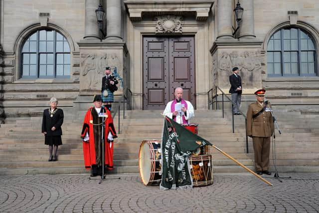 The Mayor of South Tyneside, Cllr Norman Dick, left, attends the earlier VJ Day Service outside South Shields Town Hall.