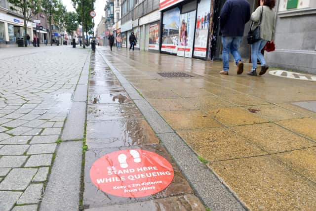 Covid warning signage in South Shields town centre.