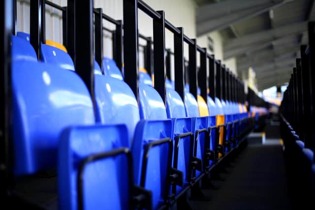 WIMBLEDON, ENGLAND - APRIL 05: A detailed view of safe standing seats inside the stadium prior to the Sky Bet League One match between AFC Wimbledon and Fleetwood Town at Plough Lane on April 05, 2021 in Wimbledon, England. Sporting stadiums around the UK remain under strict restrictions due to the Coronavirus Pandemic as Government social distancing laws prohibit fans inside venues resulting in games being played behind closed doors. (Photo by James Chance/Getty Images)