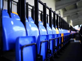 WIMBLEDON, ENGLAND - APRIL 05: A detailed view of safe standing seats inside the stadium prior to the Sky Bet League One match between AFC Wimbledon and Fleetwood Town at Plough Lane on April 05, 2021 in Wimbledon, England. Sporting stadiums around the UK remain under strict restrictions due to the Coronavirus Pandemic as Government social distancing laws prohibit fans inside venues resulting in games being played behind closed doors.  (Photo by James Chance/Getty Images)