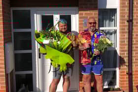 James Johnson, left, with Stew Fox with the gifts from Morrisons staff on what should have been their wedding day.