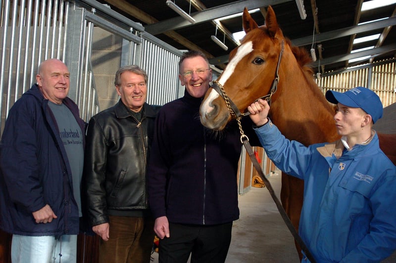 The unraced two year-old is pictured with three of the horses owners, Tony Kelly, Arthur Aspinall and John Kirk and apprentice jockey James O'Reilly back in 2006