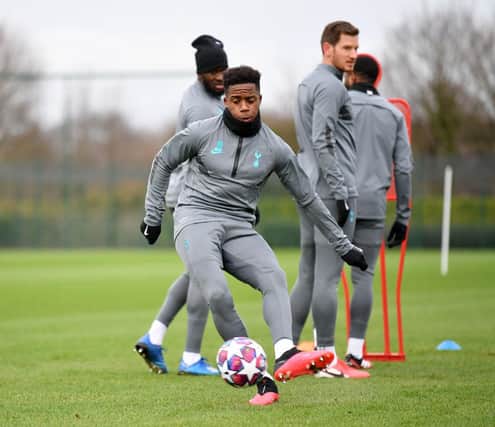 LONDON, ENGLAND - FEBRUARY 18: Ryan Sessegnon of Tottenham Hotspur shoots during a training session ahead of their UEFA Champions League Round of 16 first leg match against RB Leipzig at Hotspur Way Training Ground on February 18, 2020 in London, England. (Photo by Justin Setterfield/Getty Images)