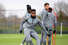 LONDON, ENGLAND - FEBRUARY 18: Ryan Sessegnon of Tottenham Hotspur shoots during a training session ahead of their UEFA Champions League Round of 16 first leg match against RB Leipzig at Hotspur Way Training Ground on February 18, 2020 in London, England. (Photo by Justin Setterfield/Getty Images)