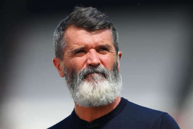 LONDON, ENGLAND - AUGUST 07: TV pundit Roy Keane looks on prior to the Premier League match between West Ham United and Manchester City at London Stadium on August 07, 2022 in London, England. (Photo by Mike Hewitt/Getty Images)