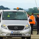 Actor Tom Cruise is greeted after touching down at Teesside International Airport.